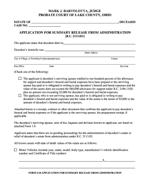Ohio Application for Summary Release from Administration