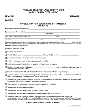Ohio Application for Certificate of Transfer