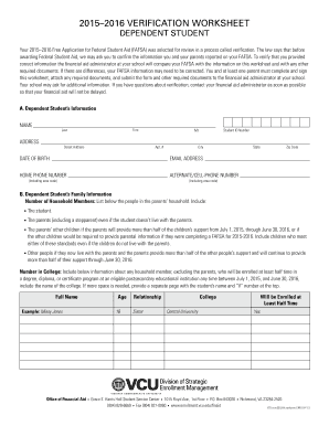 Has anna s fafsa been selected for verification - Verification Worksheet Dependent 2015-16 PDF - Financial Aid