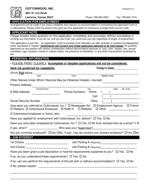 Cottonwood Inc Employment Application Form