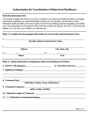 Authorization for Coordination of Behavioral Healthcare