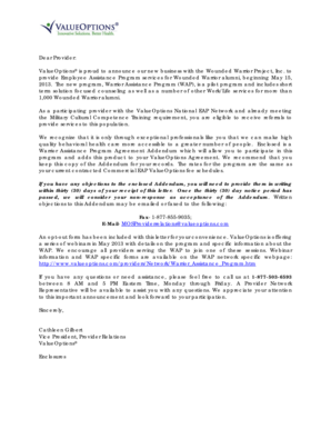 Warrior Assistance Program Agreement Addendum