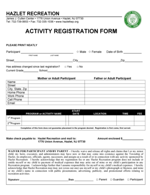 Hazlet Recreation Activity Registration Form