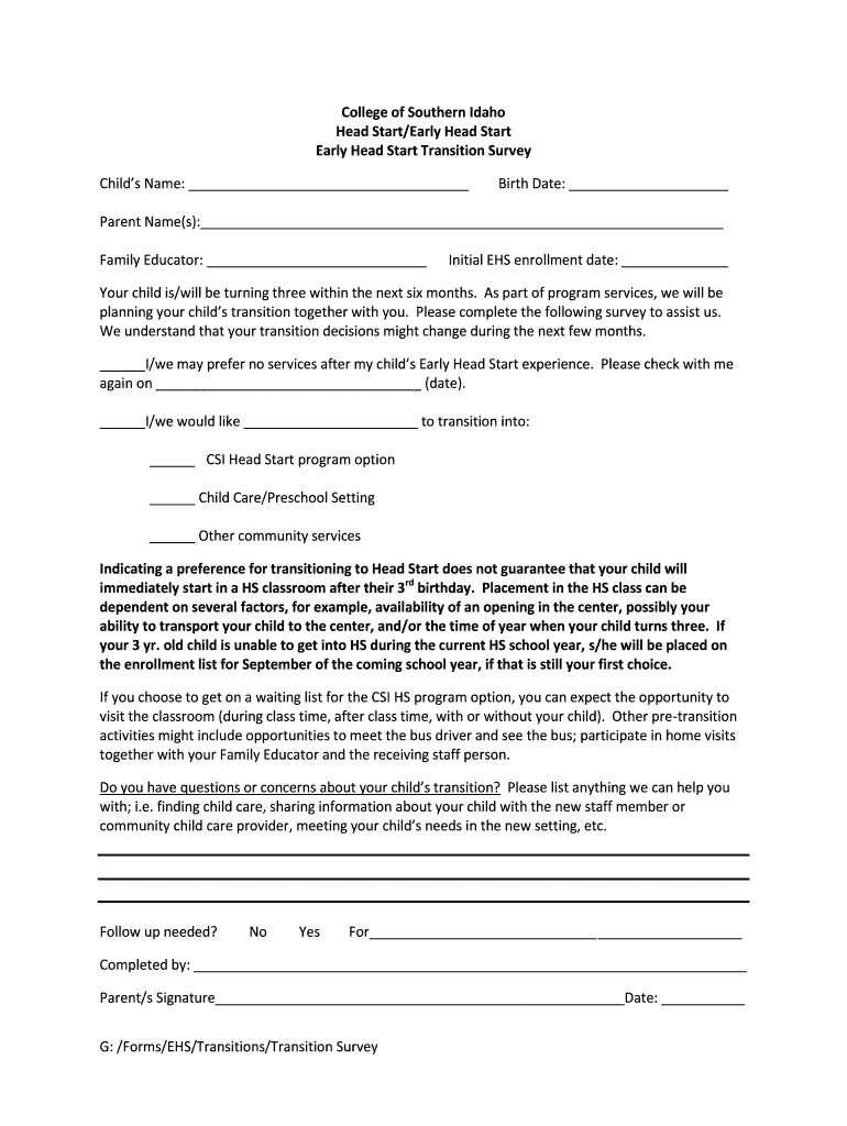 Fillable Online headstart csi College of Southern Idaho Head StartEarly