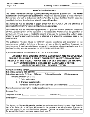Vendor Questionnaire for New York City Businesses