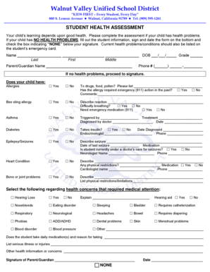 Student Health Assessment Form