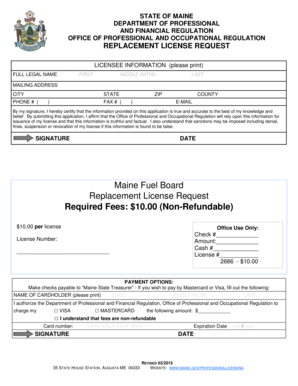 Maine Fuel Board Replacement License Request