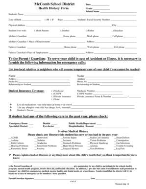 McComb School District Health History Form