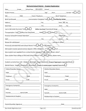 McComb School District Student Registration Form