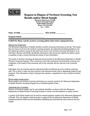 Minnesota Newborn Screening Test Disposal Request
