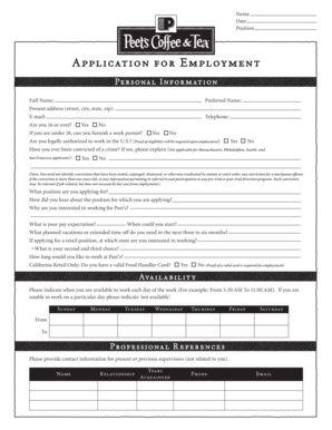 Peet's Coffee Employment Application Form