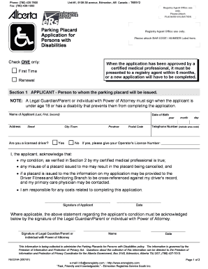Alberta Parking Placard Application for Persons with Disabilities