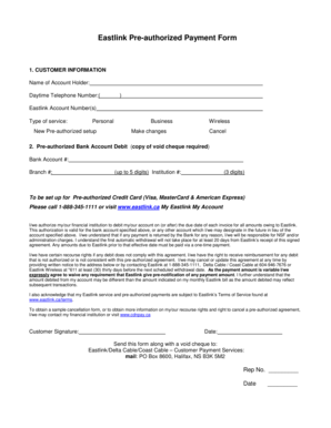 Eastlink Pre-authorized Payment Form