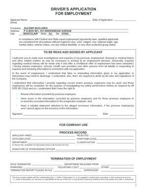 Driver Application for Employment