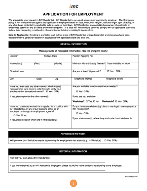IMT Residential Application for Employment