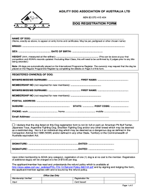 Agility Dog Association of Australia Dog Registration Form
