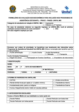 Formulário de Avaliação Socioeconômica para Inclusão nos Programas de Assistência Estudantil