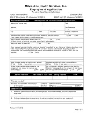 Milwaukee Health Services Employment Application