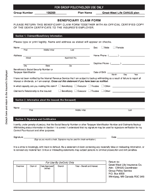 Beneficiary Claim Form for Life Insurance