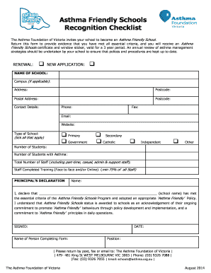 Asthma Friendly Schools Recognition Checklist