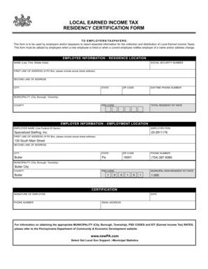 Pennsylvania Local Earned Income Tax Residency Certification Form