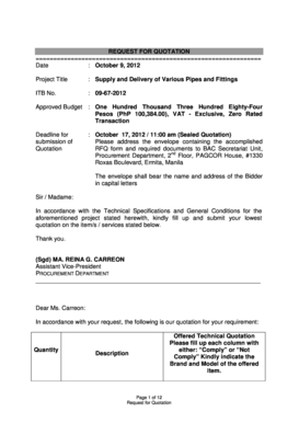 REQUEST FOR QUOTATION Date : October 9, 2012 Project Title : Supply and Delivery of Various Pipes and Fittings ITB No