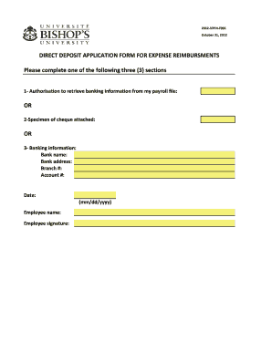 Direct Deposit Application Form for Expense Reimbursements