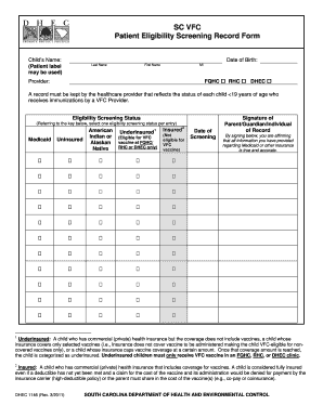 SC VFC Patient Eligibility Screening Record Form