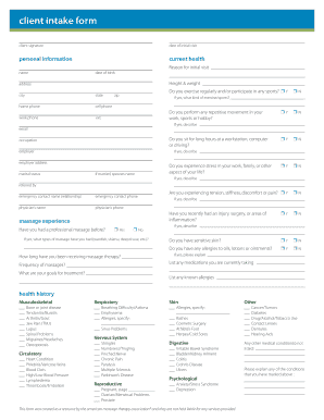 Client Intake Form for Massage Therapy