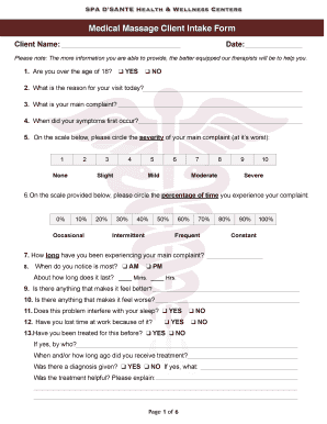 Medical Intake Form for Massage Clients