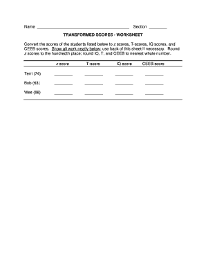 Transformed Scores Worksheet