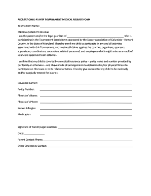 Recreational Player Tournament Medical Release Form
