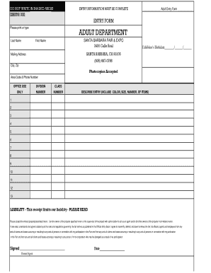 Adult Entry Form for Santa Barbara Fair