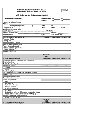 Pennsylvania ALS Mobile Care Inspection Checklist