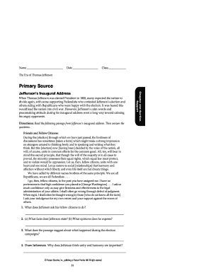 Thomas Jefferson Inaugural Address Worksheet