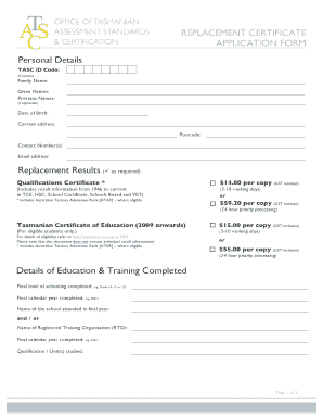 Tasmanian Replacement Certificate Application Form