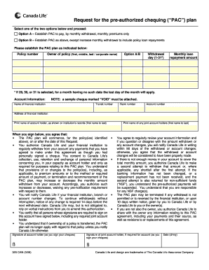 Canada Life Pre-Authorized Chequing (PAC) Plan Request