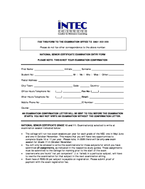 National Senior Certificate Examination Entry Form