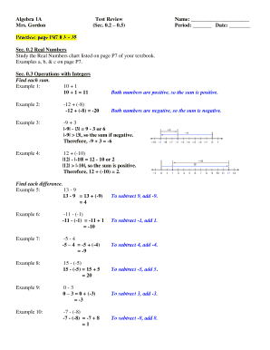 Algebra 1A Test Review