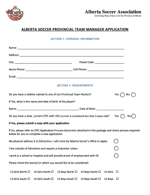 Alberta soccer provincial team manager application