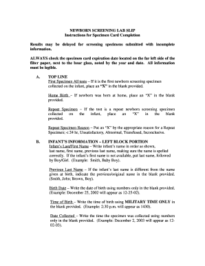 Newborn Screening Lab Slip