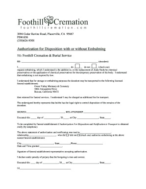 Authorization for Disposition with or without Embalming