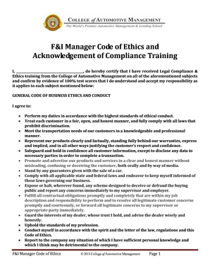 F&I Manager Code of Ethics and Compliance Training