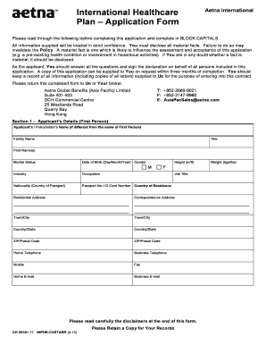 Aetna International Healthcare Plan Application Form