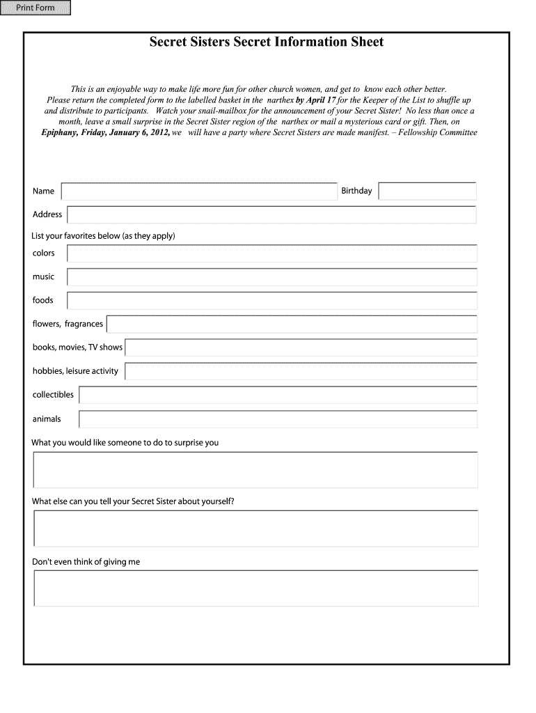 Secret Sister Questionnaire Fill Online Printable Fillable Blank Pdffiller