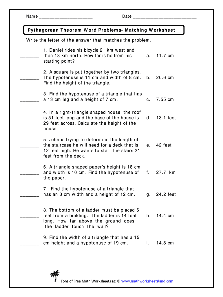 Pythagorean Theorem Word Problems Worksheets Grade 8