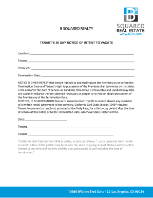 Tenant's 30 Day Notice of Intent to Vacate