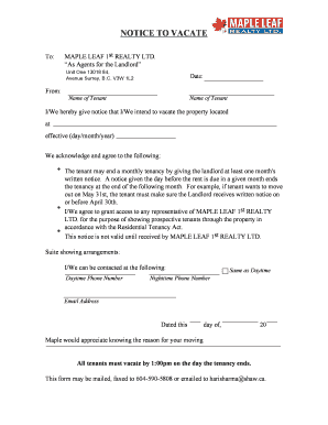 Notice to Vacate Form - mapleleaf realty