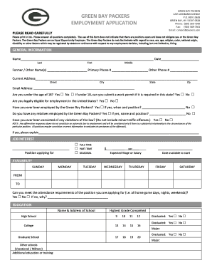 Green Bay Packers Employment Application