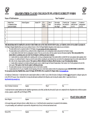 USA Rugby Grandfather Clause Collegiate Player Eligibility Form